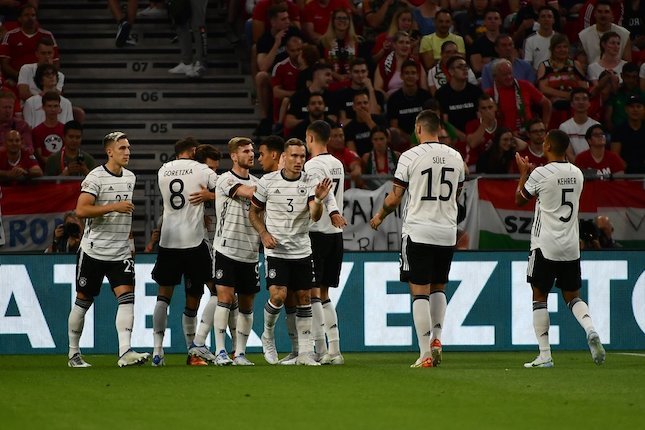 Pemain Jerman merayakan gol Jonas Hofmann ke gawang Hungaria dalam ajang UEFA Nations League, Sabtu (12/6/2022) dini hari WIB.  (c) AP Photo
