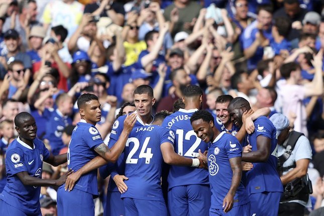 Para pemain Chelsea merayakan gol ke gawang Tottenham pada pekan ke-2 Liga Inggris 2022/2023, Minggu (14/8/2022) WIB. (c) AP Photo