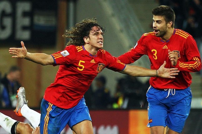 Selebrasi Carles Puyol usai membobol gawang Jerman di Piala Dunia 2010 (c) FIFA