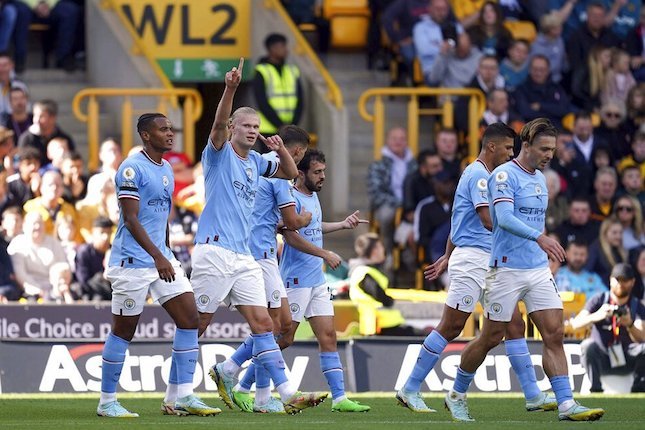 Selebrasi Erling Haaland usai mencetak gol untuk Manchester City (c) AP Photo