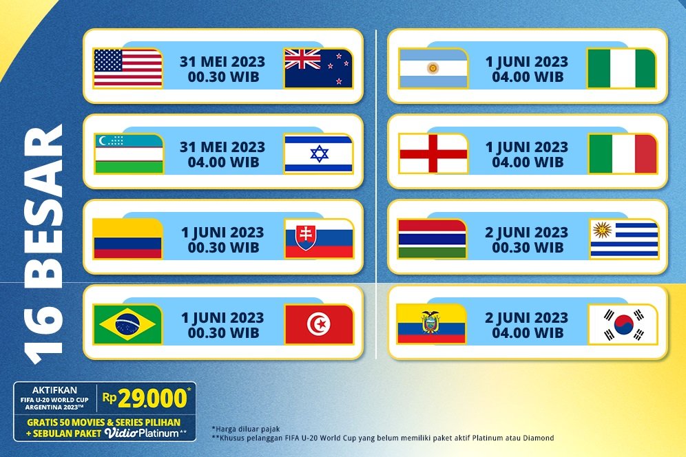 Link Live Streaming Piala Dunia U-20 Argentina 2023 Babak 16 Besar di Vidio