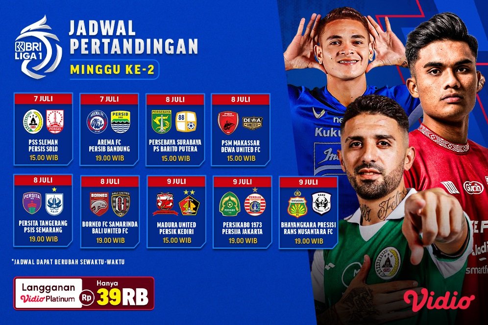 Jadwal Live Streaming BRI Liga 1 2023/2024 Pekan Kedua di Vidio