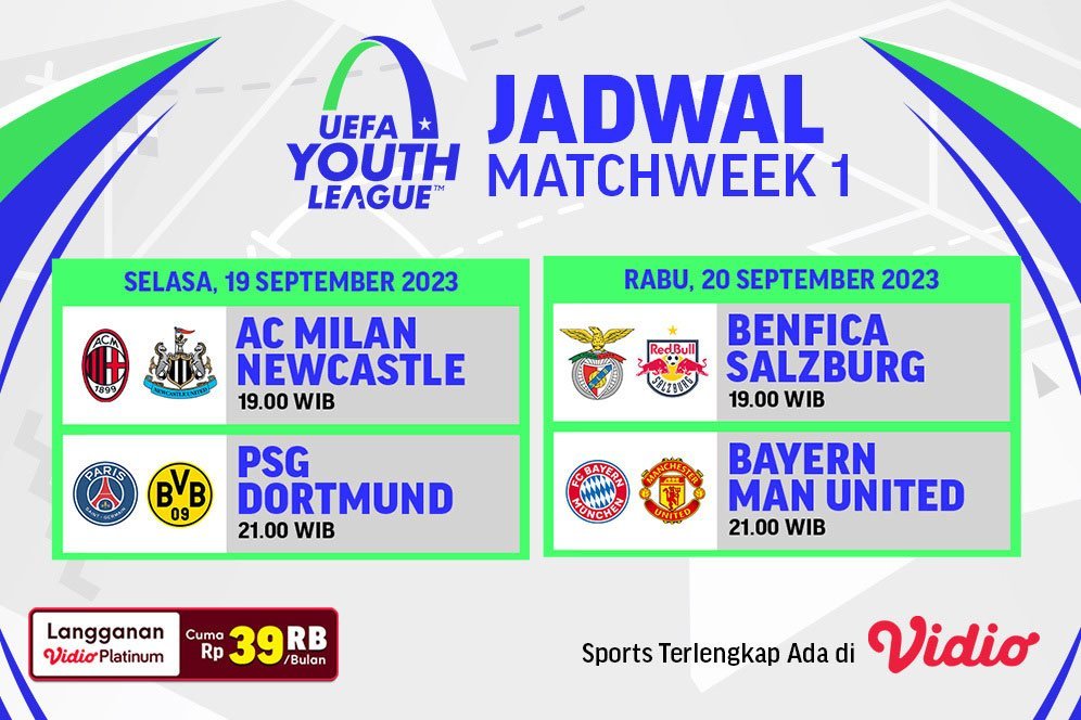 Jadwal Siaran Langsung UEFA Youth League Week 1 di Vidio, 19-20 September 2023