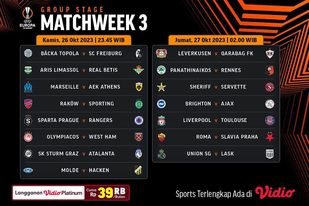 Jadwal Siaran Langsung Liga Europa Pekan Ketiga di Vidio, 26-27 Oktober 2023 Jadwal Siaran Langsung Liga Europa Pekan Ketiga di Vidio, 26-27 Oktober 2023
