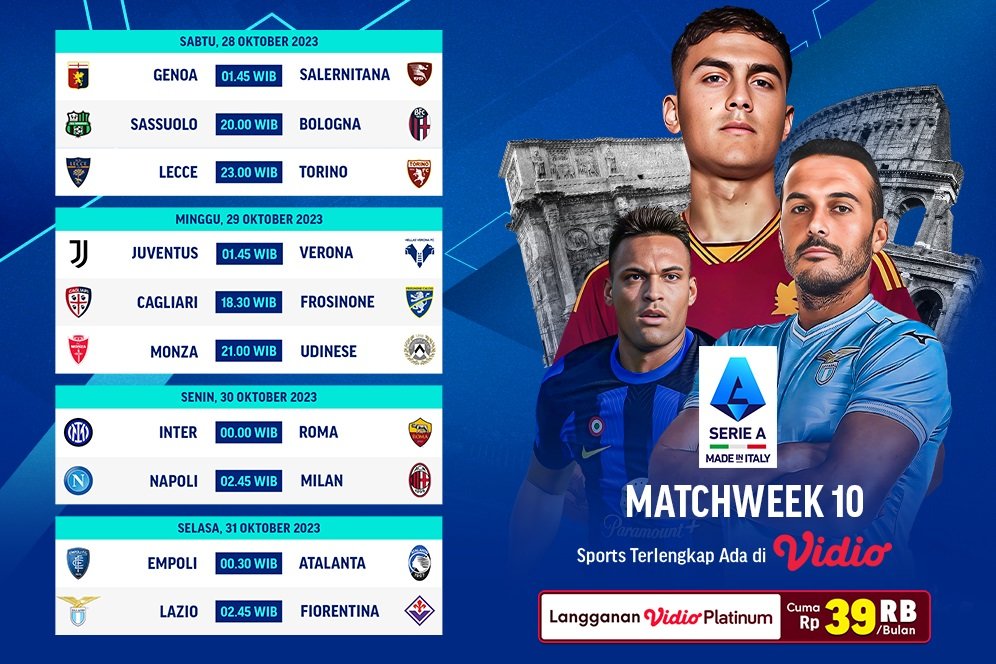 Jadwal Live Streaming Liga Italia 2023/2024 Matchweek 10 di Vidio, 28-31 Oktober 2023