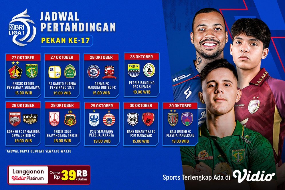 Jadwal Siaran Langsung BRI Liga 1 2023/2024 Pekan ke-17 di Vidio, 27-30 Oktober 2023