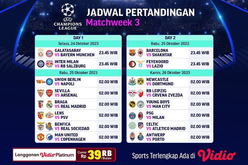 Jadwal Live Streaming Liga Champions 2023/2024 Pekan Ketiga di Vido, 24-26 Oktober 2023
