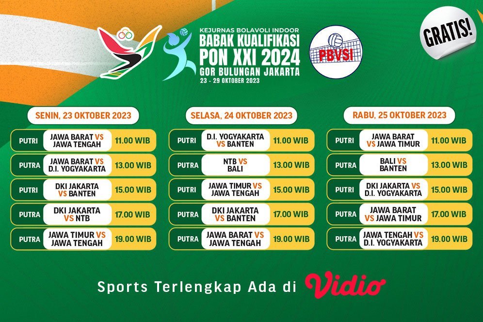 Gratis! Jadwal Siaran Langsung Kualifikasi PON 2024 Voli di Vidio Pekan Ini, 23-25 Oktober 2023 Gratis! Jadwal Siaran Langsung Kualifikasi PON 2024 Voli di Vidio Pekan Ini, 23-25 Oktober 2023