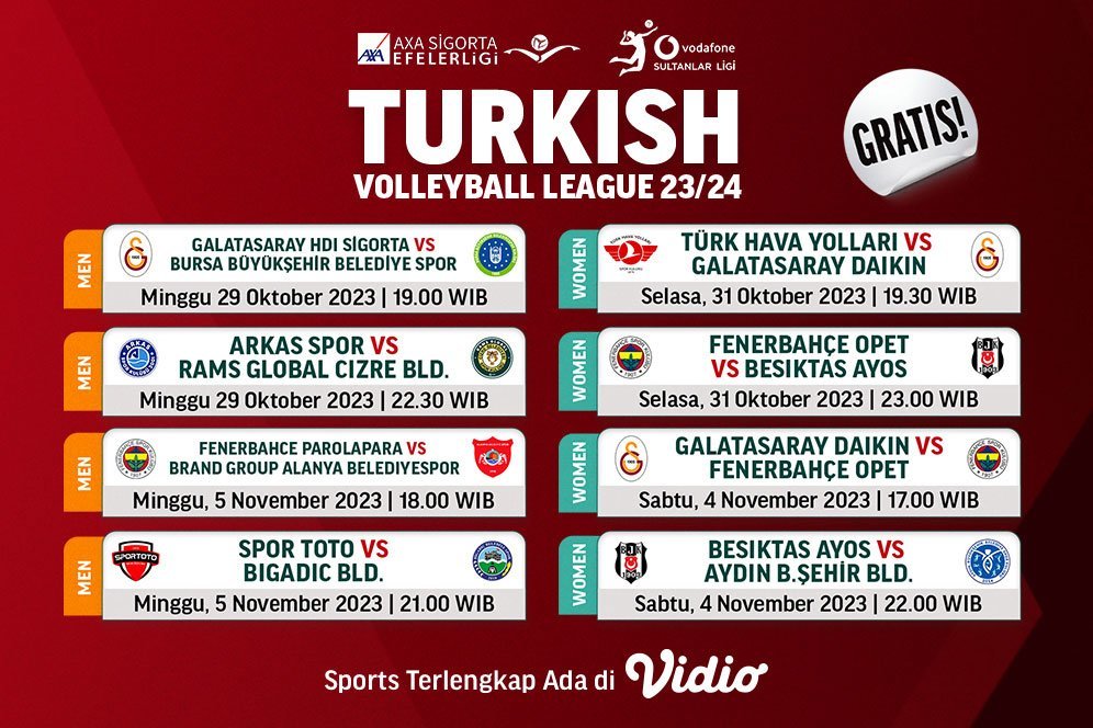 Jadwal Liga Voli Turki 2023/2024 Pekan Ini di Vidio, 31 Oktober - 4 November 2023