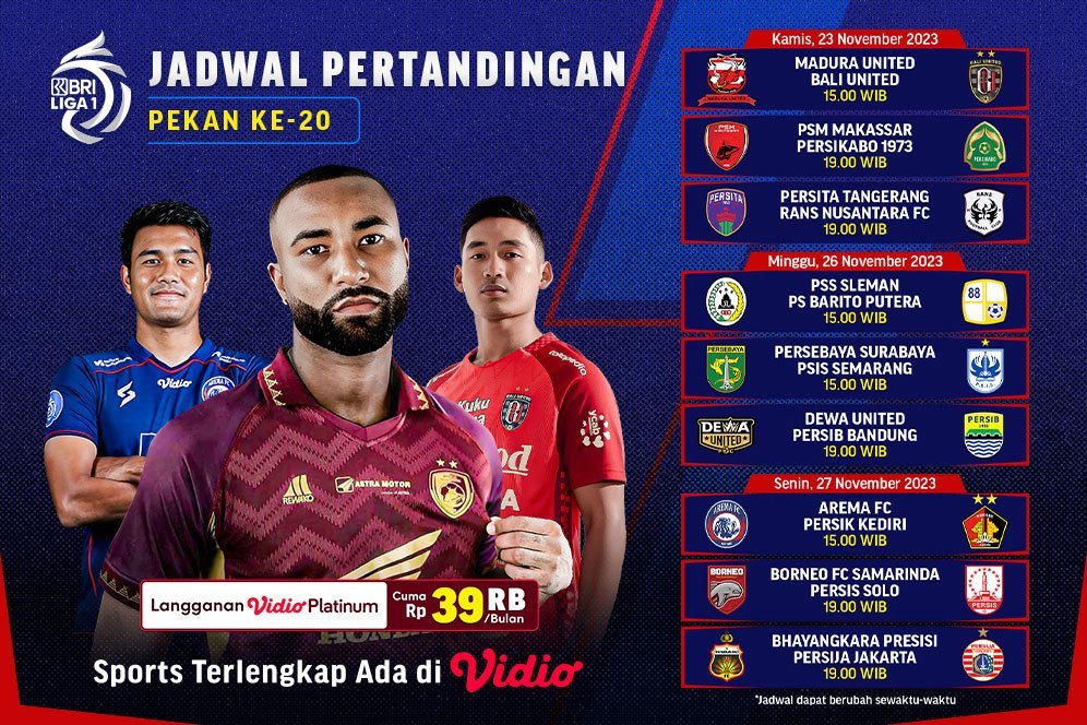 Jadwal Siaran Langsung BRI Liga 1 2023/2024 Pekan Ke-20 di Vidio, 23-27 November 2023