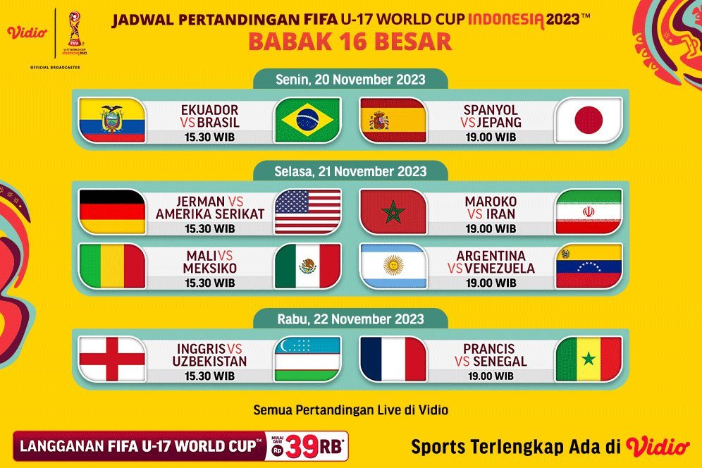 Jadwal Streaming Piala Dunia U-17 Indonesia 2023 Babak 16 Besar di Vidio Pekan ini