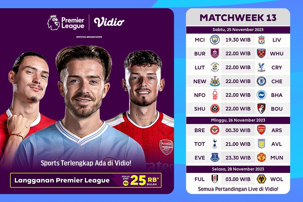 Jadwal Live Streaming Liga Inggris 2023/2024 Pekan ke-13 di Vidio, 25-28 November 2023