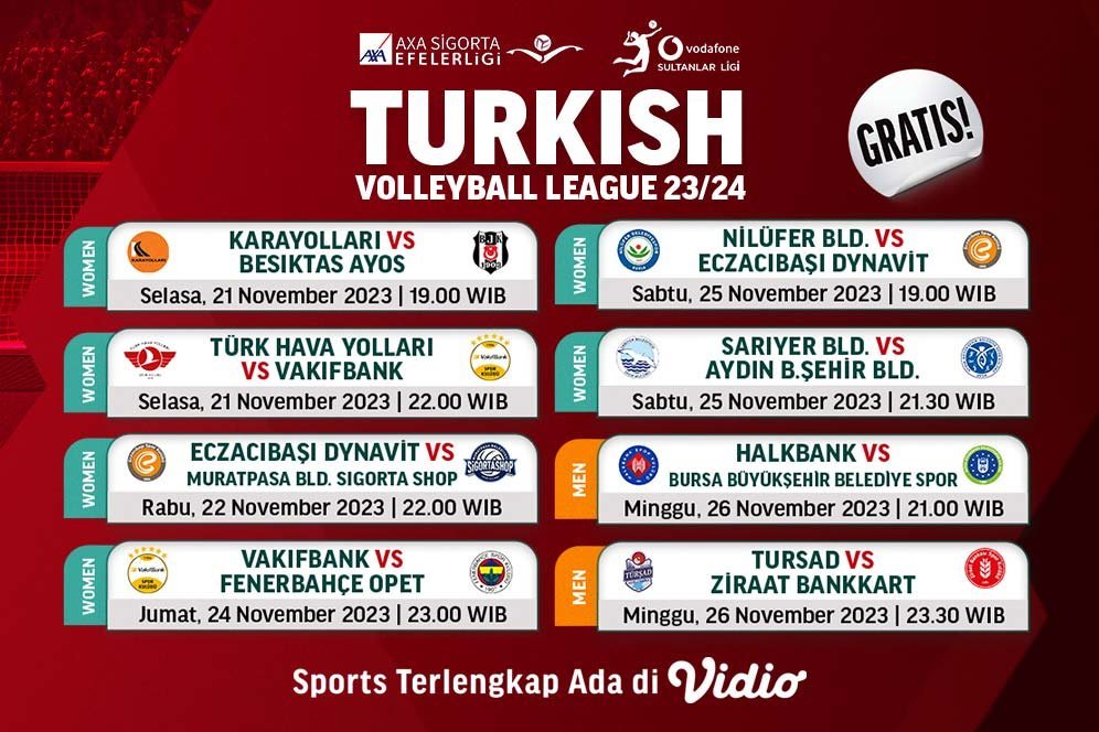 Jadwal Live Streaming Liga Voli Turki 2023/2024 Pekan 5 di Vidio, 21-26 November 2023