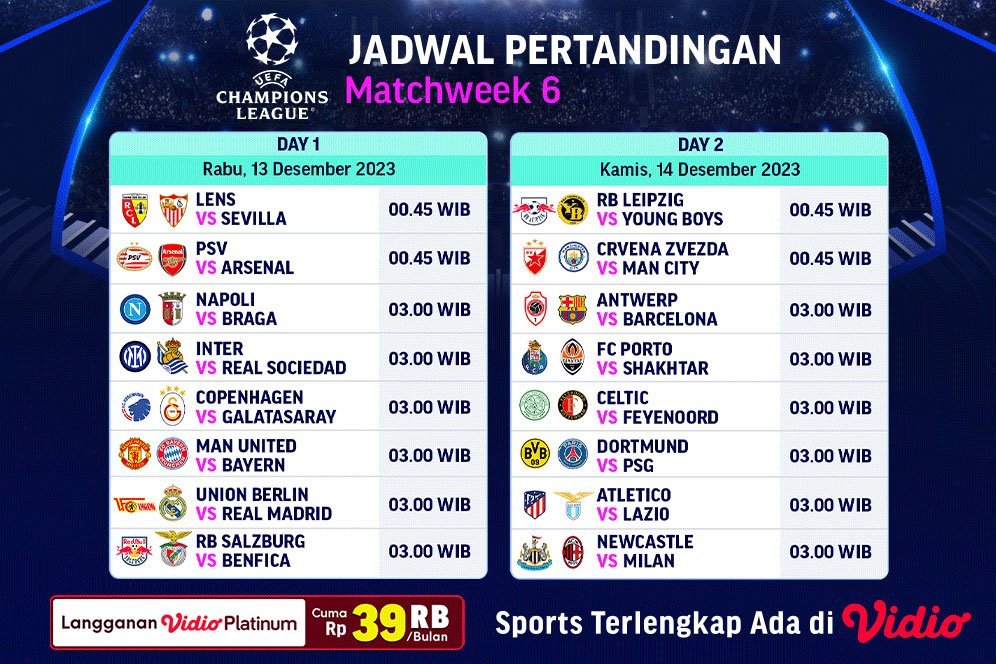 Jadwal Live Streaming Liga Champions 2023/2024 Matchweek 6 di Vidio, 13-14 Desember 2023