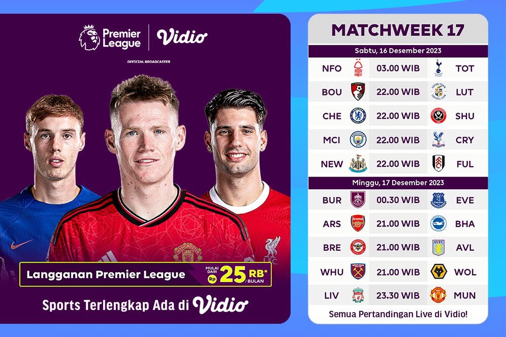Jadwal Siaran Langsung Liga Inggris 2023/2024 Pekan ke-17 di Vidio, 16 dan 17 Desember 2023