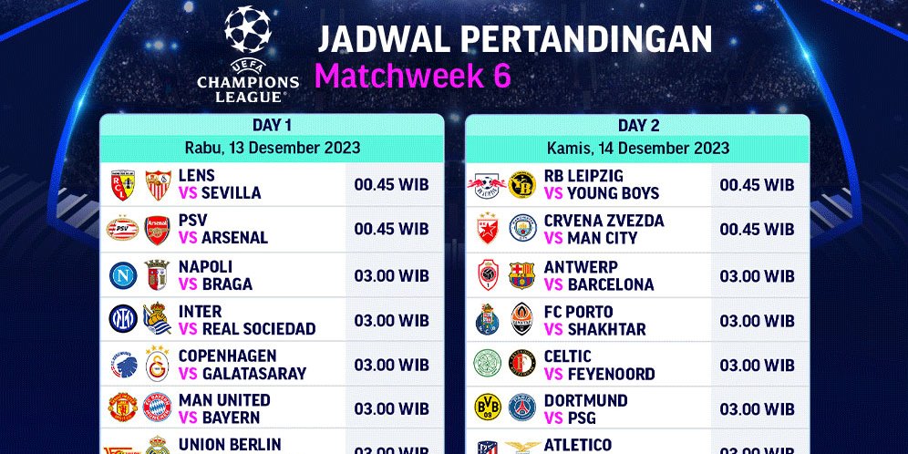 Jadwal Live Streaming Liga Champions 2023/2024 Matchweek 6 Di Vidio, 13 ...