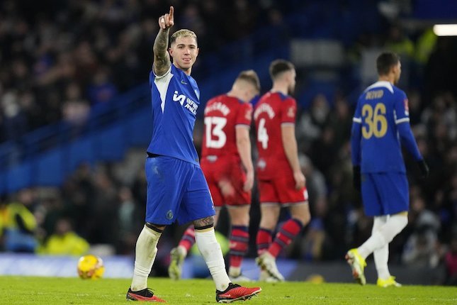 Selebrasi gol pemain Chelsea, Enzo Fernandez (c) AP Photo/Kirsty Wigglesworth