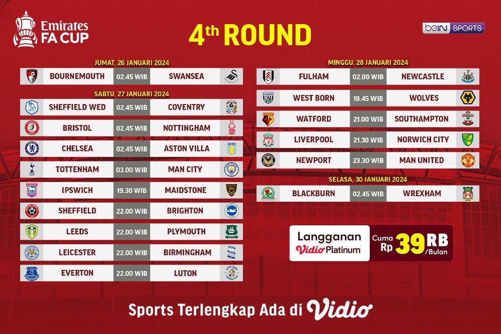 Jadwal Siaran Langsung Piala FA 2023/2024 Putaran Empat di Vidio, 26-30 Januari 2024 Jadwal Siaran Langsung Piala FA 2023/2024 Putaran Empat di Vidio, 26-30 Januari 2024