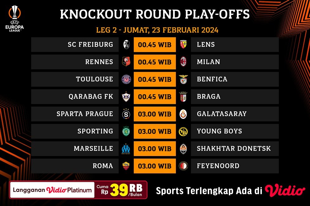 Jadwal Siaran Langsung Liga Europa 2023/2024 Playoff 16 Besar Leg 2 di Vidio, 23 Februari 2024 Jadwal Siaran Langsung Liga Europa 2023/2024 Playoff 16 Besar Leg 2 di Vidio, 23 Februari 2024