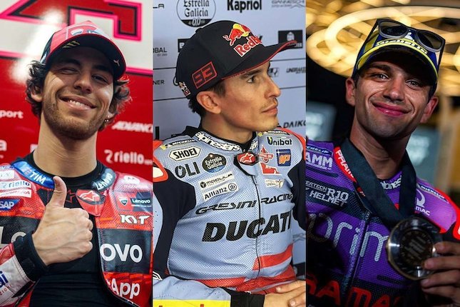 Saingan dengan Enea Bastianini dan Marc Marquez Enea Bastianini, Marc Marquez, Jorge Martin (c) Ducati Corse, Gresini Racing, Pramac Racing