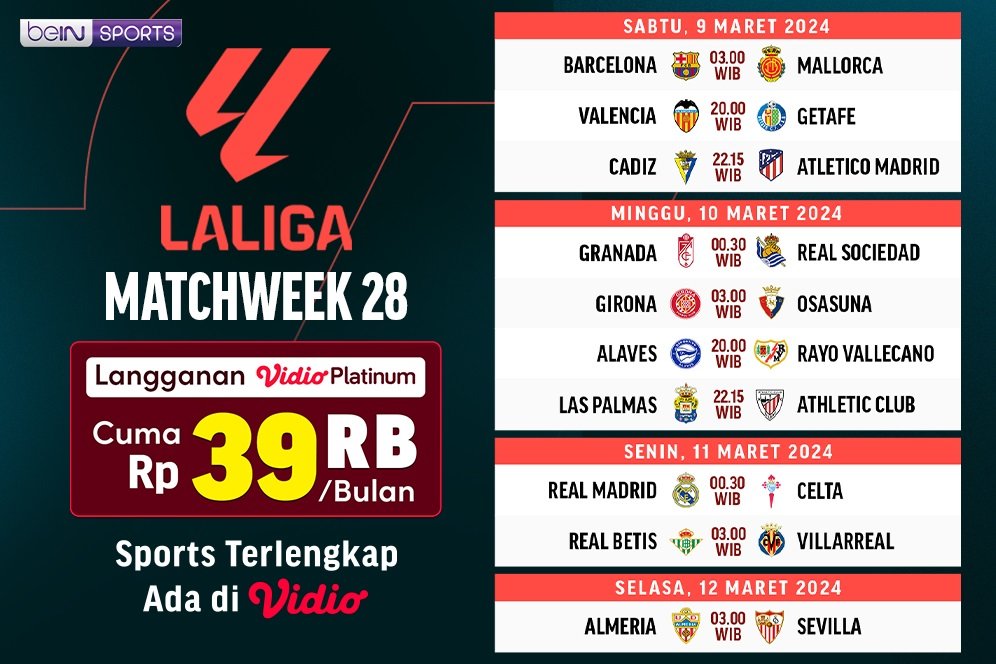 Jadwal Siaran Langsung Liga Spanyol 2023/2024 Matchweek 28 di Vidio, 9-12 Maret 2024