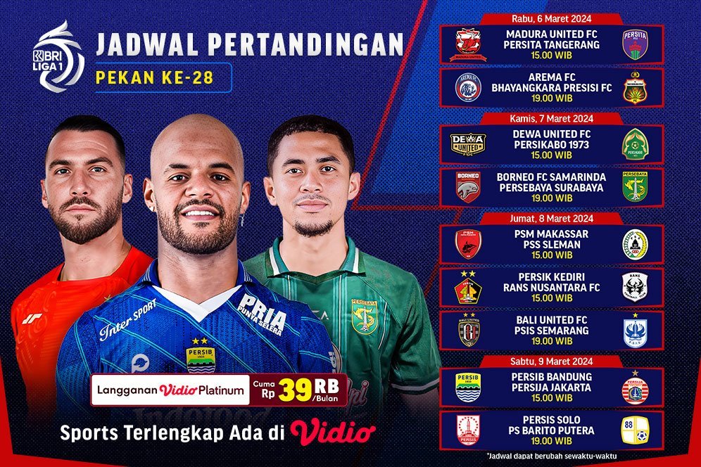 Jadwal Siaran Langsung BRI Liga 1 2023/2024 Pekan 28 di Vidio, 6-9 Maret 2024