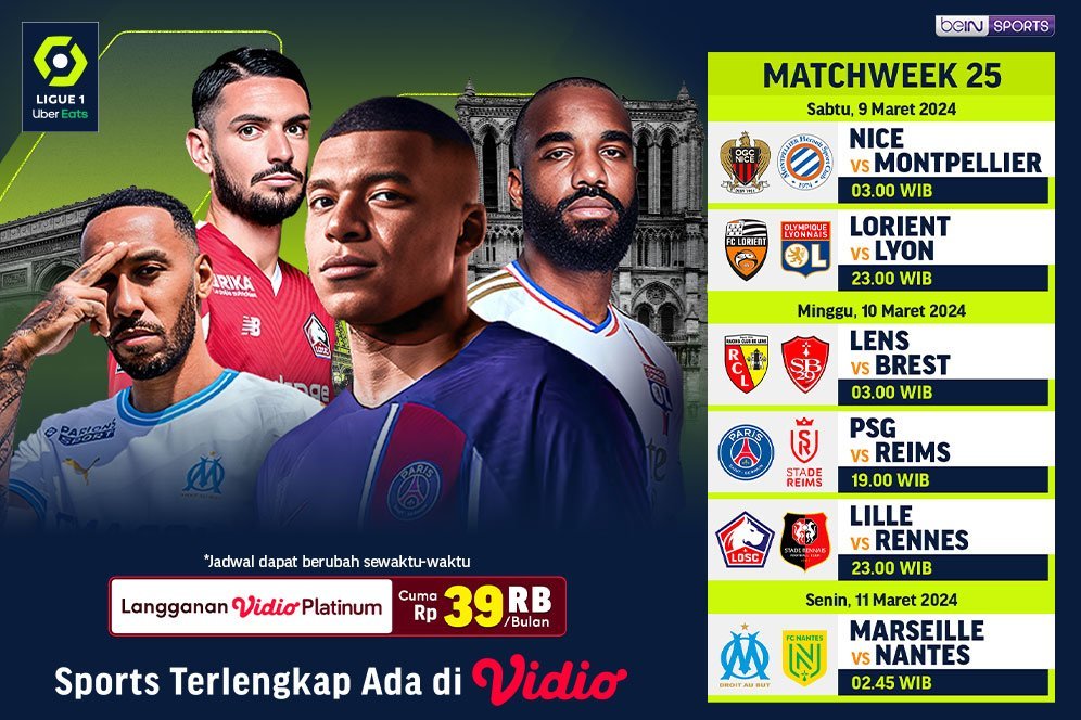 Jadwal Siaran Langsung Liga Prancis 2023/2024 Matchweek 25 di Vidio, 9-11 Maret 2024 Jadwal Siaran Langsung Liga Prancis 2023/2024 Matchweek 25 di Vidio, 9-11 Maret 2024