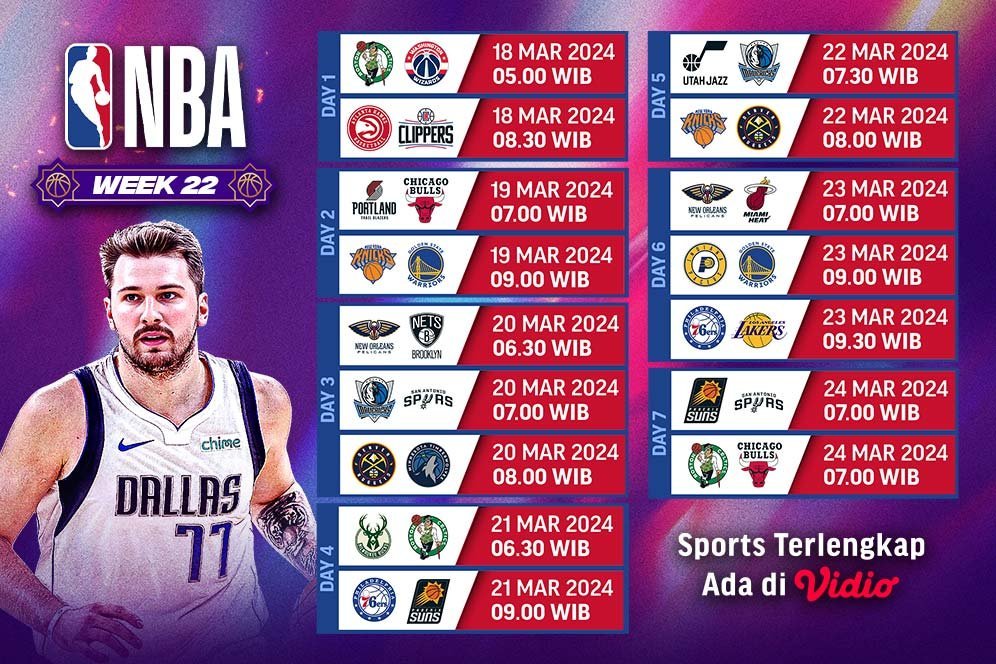 Jadwal Live Streaming Pekan 22 NBA 2023/2024 di Vidio, 18-24 Maret 2024