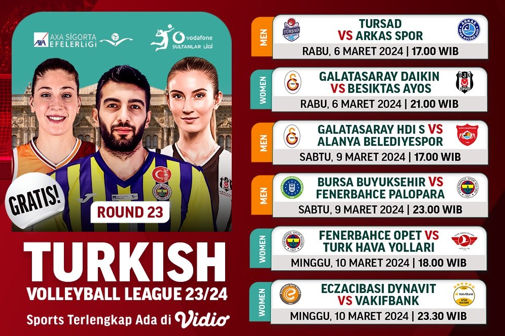 Link Live Streaming Liga Voli Turki 2023/2024 Round 23 di Vidio, 6-10 Maret 2024