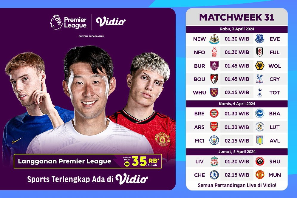 Jadwal Siaran Langsung Liga Inggris 2023/2024 Matchweek 31 di Vidio, 3-5 April 2024