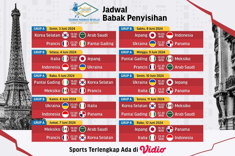 Jadwal Siaran Langsung Babak Penyisihan Tournoi Maurice Revello di Vidio