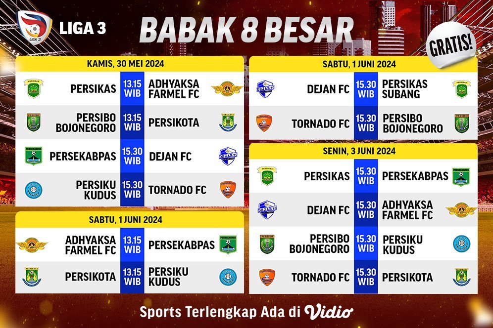 Jadwal Siaran Langsung Liga 3 Babak 8 Besar di Vidio, 30 Mei - 3 Juni 2024 Jadwal Siaran Langsung Liga 3 Babak 8 Besar di Vidio, 30 Mei - 3 Juni 2024