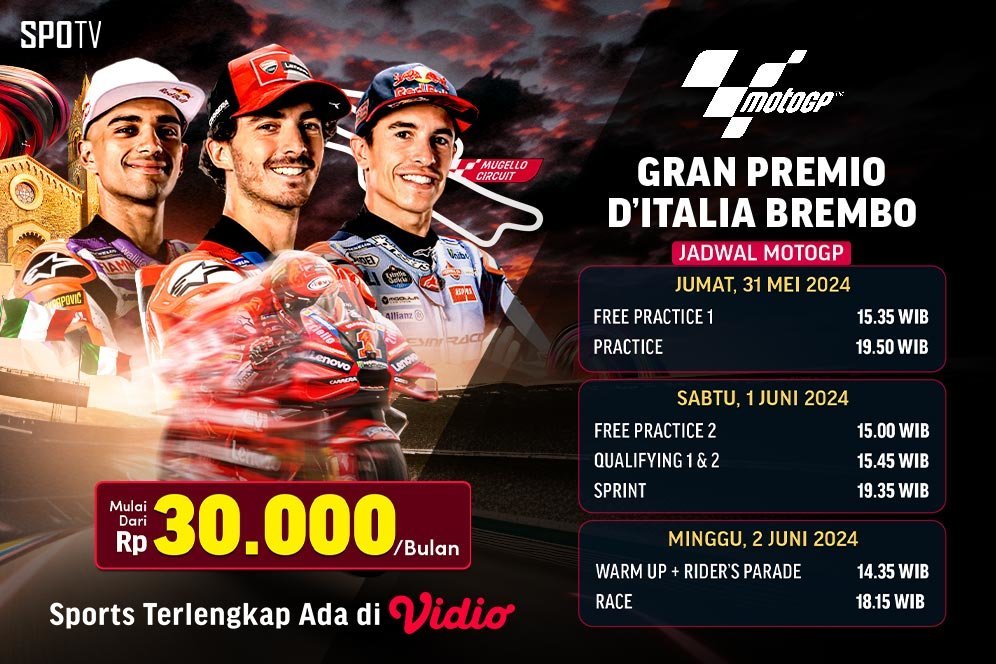 Jadwal Live Streaming MotoGP 2024 Italia di Vidio Pekan Ini, 31 Mei-2 Juni 2024