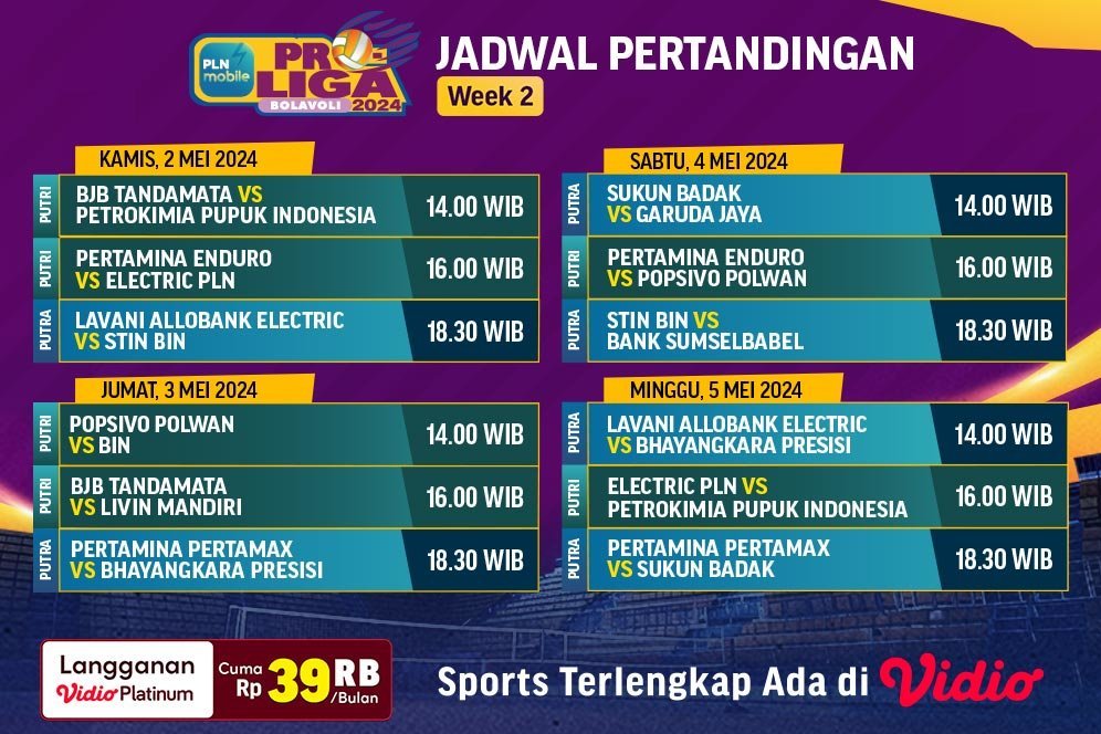 Link Live Streaming PLN Mobile Proliga 2024 Pekan Kedua di Vidio Pekan Ini, 2-5 Mei 2024