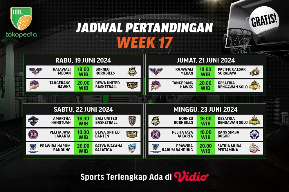 Jadwal Siaran Langsung IBL Tokopedia 2024 Pekan 17 di Vidio, 19-23 Juni 2024