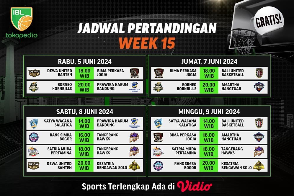 Jadwal Siaran Langsung IBL Tokopedia 2024 Pekan 15 di Vidio, 5-9 Juni 2024