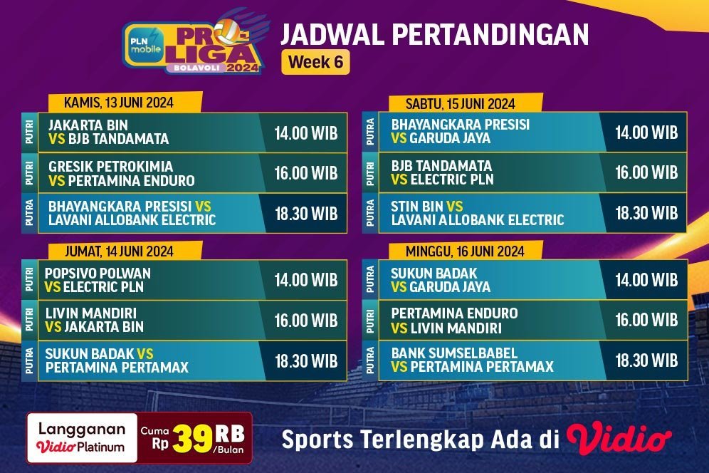 Jadwal Siaran Langsung PLN Mobile Proliga Pekan 6 di Vidio, 13-16 Juni 2024