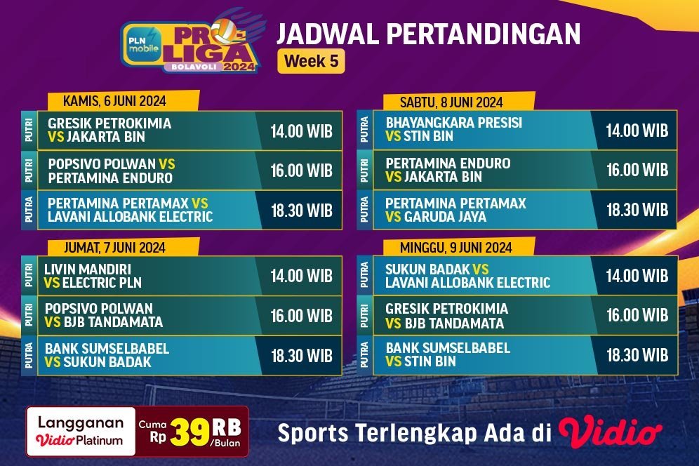 Jadwal Live Streaming Pekan 5 PLN Mobile Proliga 2024 di Vidio, 6-9 Juni 2024