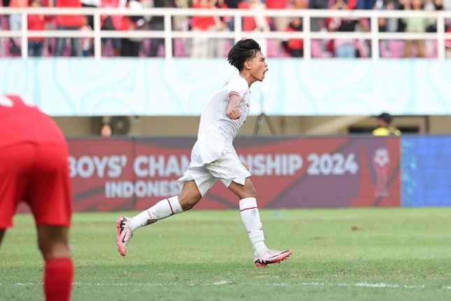 Selebrasi Dafa Zaidan di laga Vietnam vs Indonesia U-16 di perebutan posisi 3 Piala AFF U-16 2024, Rabu (03/7/2024). (c) Bola.net/Abdul Aziz