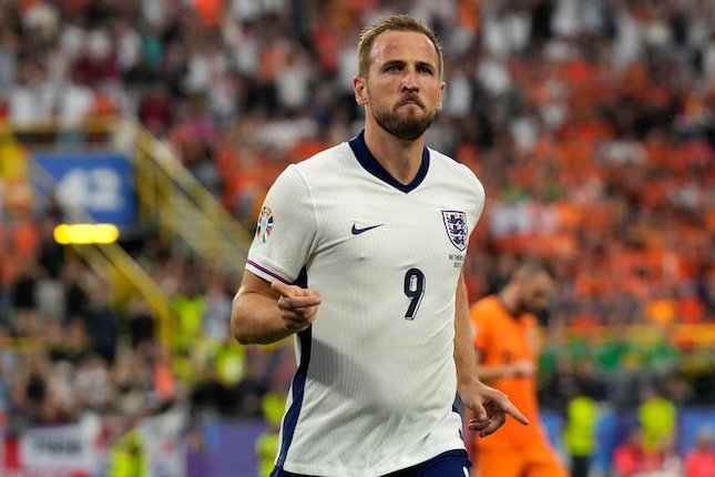 Selebrasi Harry Kane dalam laga Belanda vs Inggris di semifinal Euro 2024, Kamis (11/7/2024). (c) AP Photo/Frank Augstein