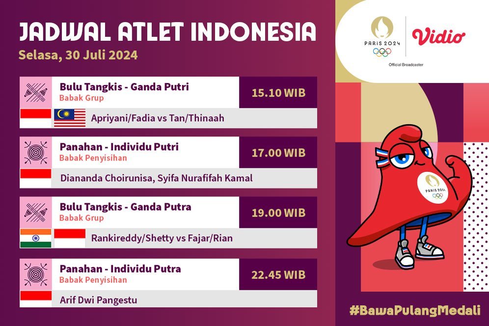 Jadwal Siaran Langsung Atlet Indonesia dan Olimpiade Paris 2024 di Vidio Hari Ini