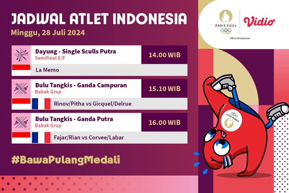 Jadwal Live Streaming Tim Indonesia Olimpiade paris 2024 di Vidio Hari Ini Jadwal Live Streaming Tim Indonesia Olimpiade paris 2024 di Vidio Hari Ini