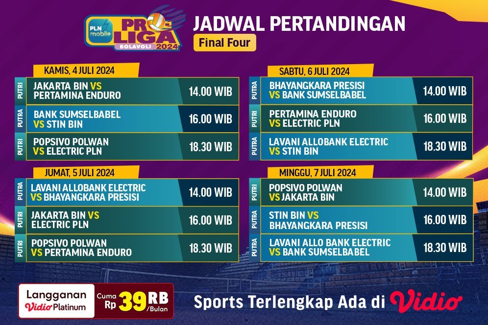 Jadwal Streaming PLN Mobile Proliga 2024 di Vidio Babak Final Four