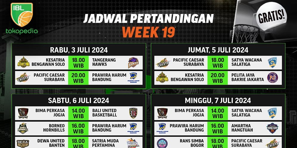 Jadwal Siaran Langsung IBL Tokopedia 2024 Pekan 19 di Vidio, 3-7 Juli 2024