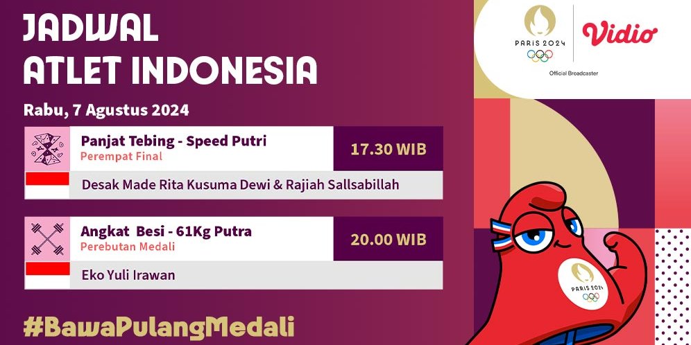 Jadwal Siaran Langsung Tim Indonesia dan Olimpiade Paris 2024 di Vidio, 7 Agustus 2024