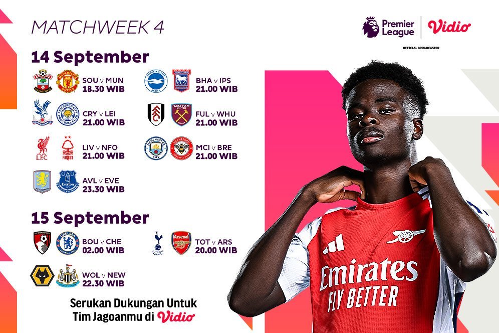 Link Live Streaming Liga Inggris 2024/25 Matchweek 4 di Vidio Pekan Ini