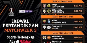 Jadwal dan Link Siaran Langsung Pertandingan Liga Europa 2024/25 Matchweek 3 Pekan Ini di Vidio Jadwal dan Link Siaran Langsung Pertandingan Liga Europa 2024/25 Matchweek 3 Pekan Ini di Vidio