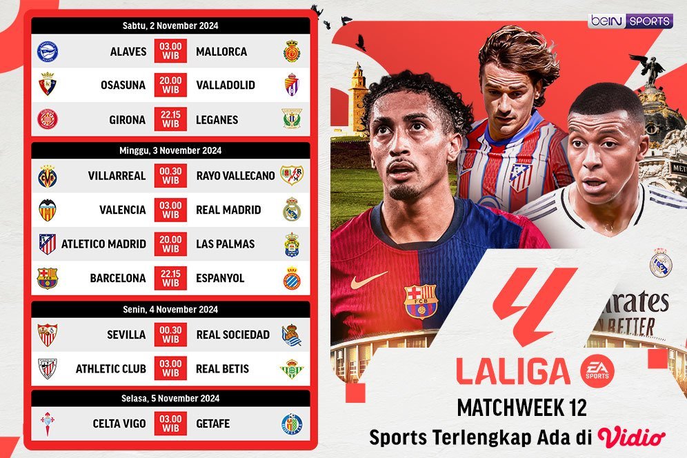 Jadwal Live Streaming La Liga 2024/25 Pekan ke-12 di Vidio