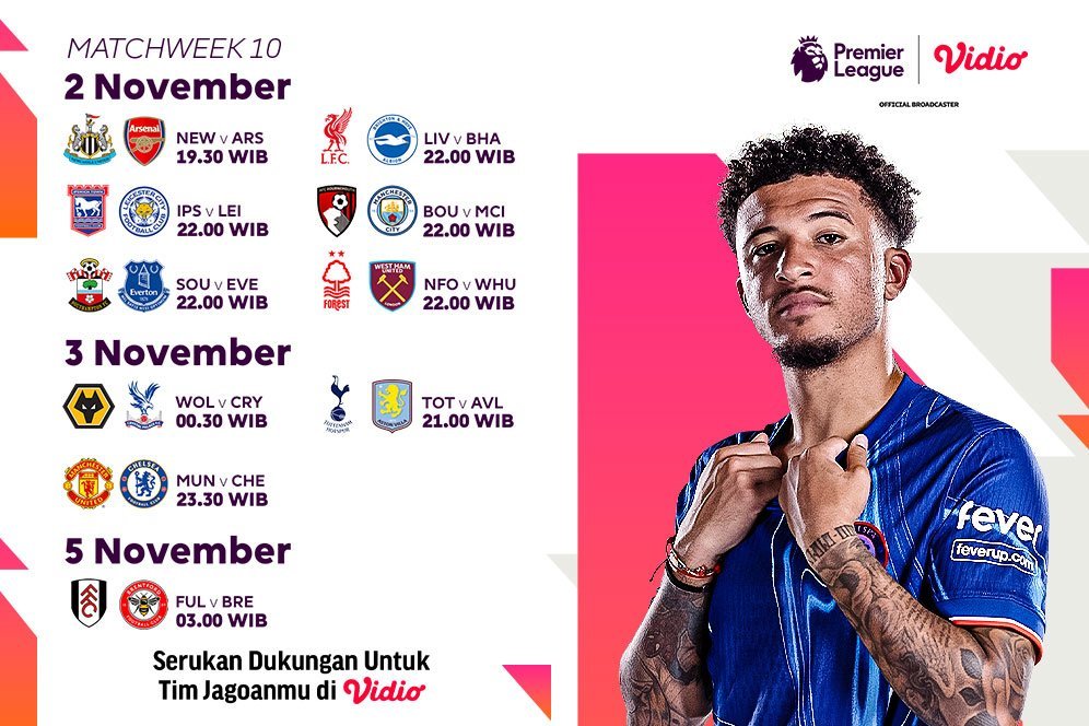 Jadwal Siaran Langsung Liga Inggris 2024/25 Matchweek 10 di Vidio Pekan Ini