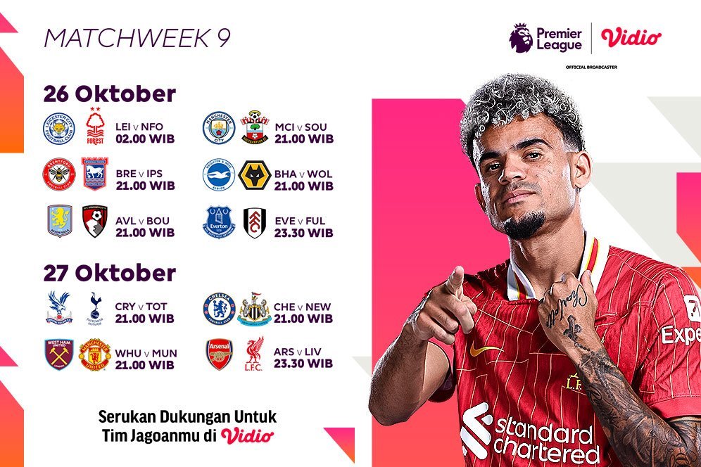 Jadwal dan Link Siaran Langsung Pertandingan Liga Inggris 2024/25 Matchweek 9 di Vidio Jadwal dan Link Siaran Langsung Pertandingan Liga Inggris 2024/25 Matchweek 9 di Vidio